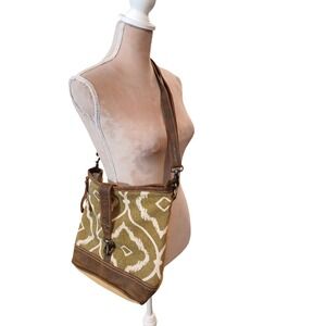 Myra Nag Boho Print Leather Trim Crossbody Bag Tan Green White